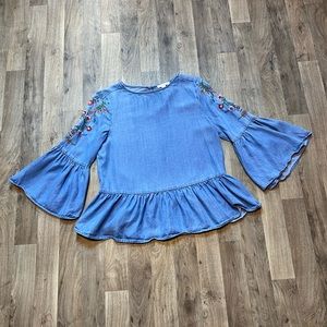 Beachlunchloungelounge Embroidered Chambray Bell Sleeve Top Size Small